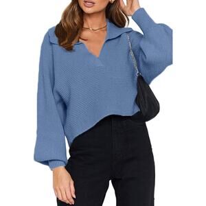 Overized Puff Long Sleeve V Neck Knitted Polo Pullover Sweater Jumper Tops